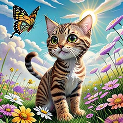 cute baby brown tabby kitten with big head and big eyes chasing a butterfly through a field of grass and beautiful flowe...