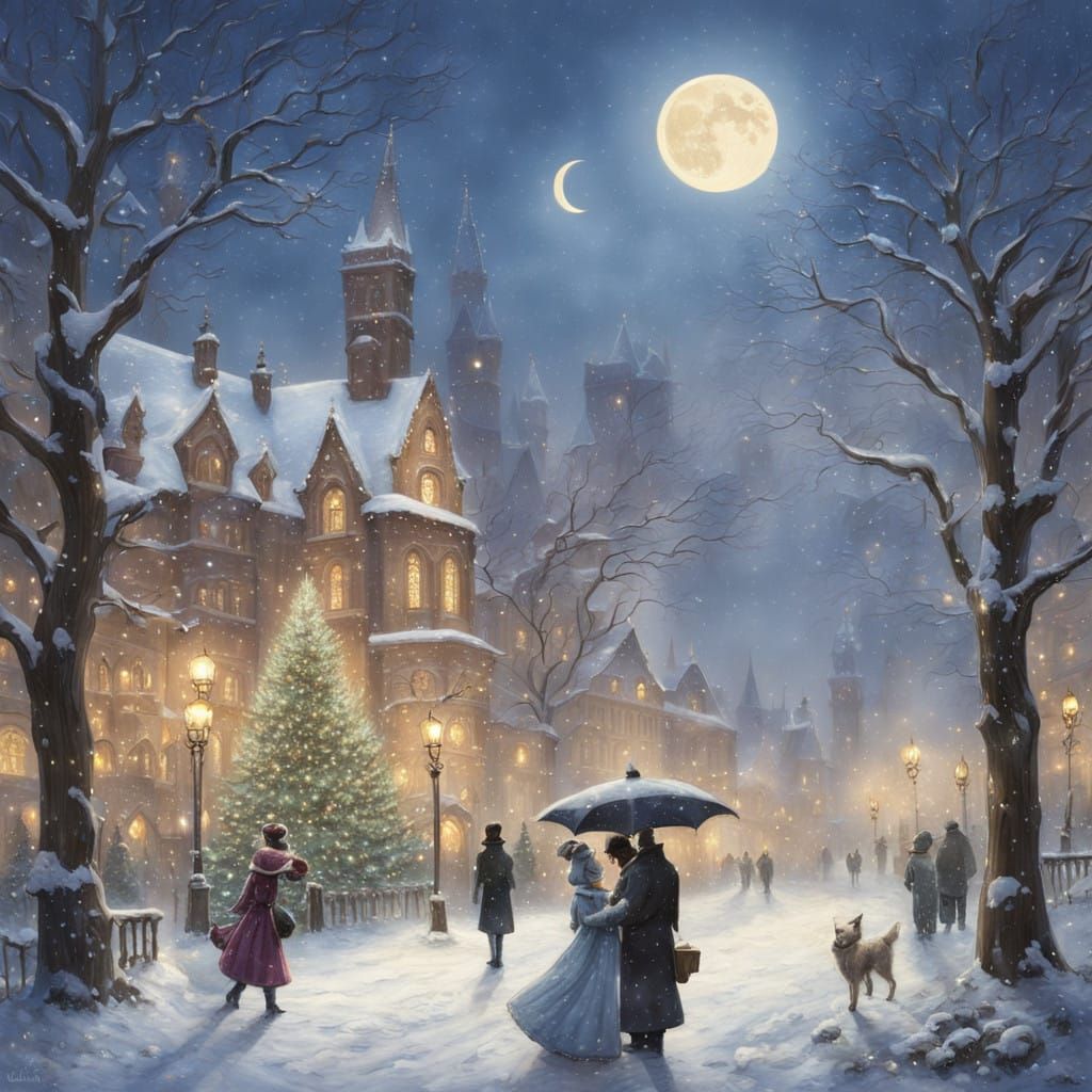 Whimsical Christmas Eve Night in a Bustling Gothic Town Squa...