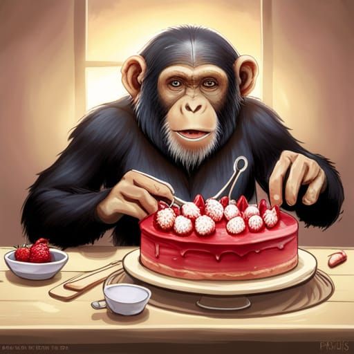 Chimpanzee Baking Cake in Anime Style