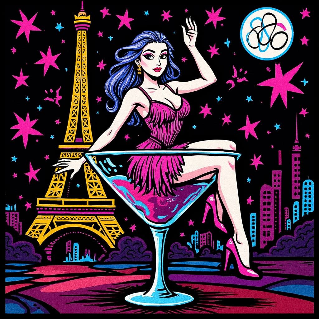Cabaret Dancer in Martini Glass with Eiffel Tower: Digital A...