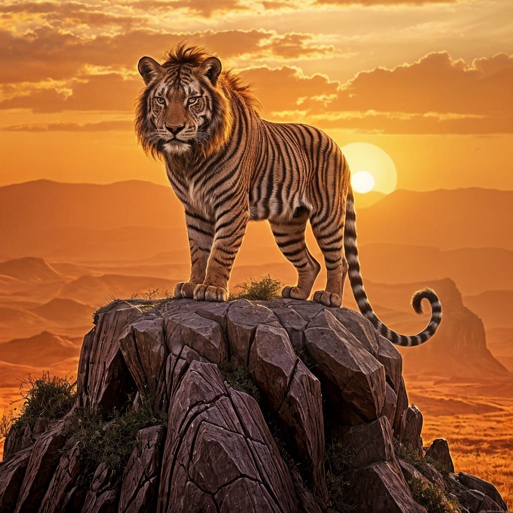 Surreal Liger of Fire Reigns Over a Crimson Alien Landscape