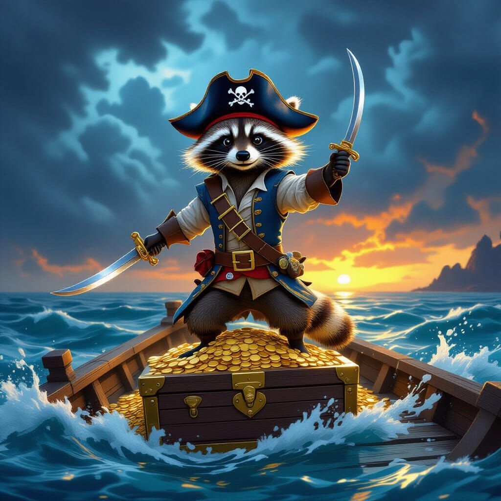 Raccoon Pirate Celebrates Treasure Win on Stormy Sea