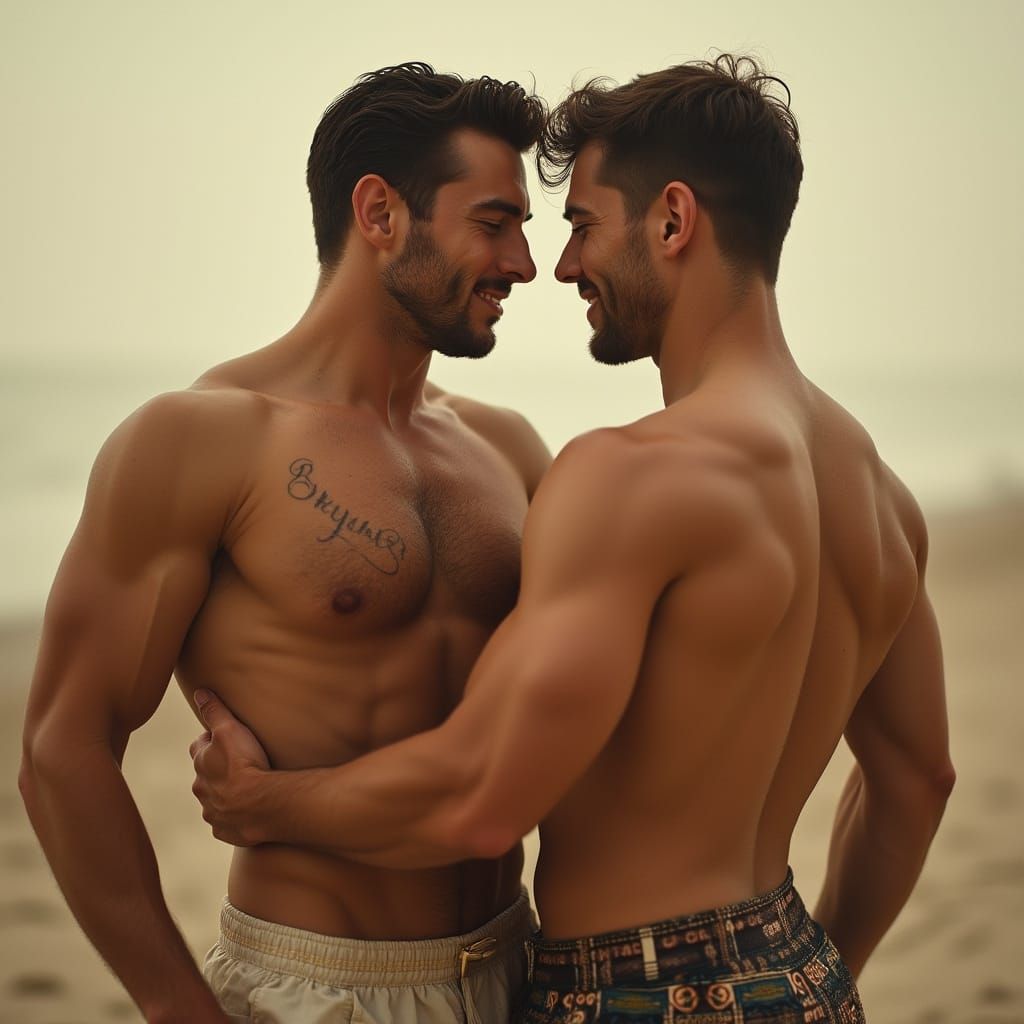 Chiseled Muscular Men Embrace in Vintage Beach Scene