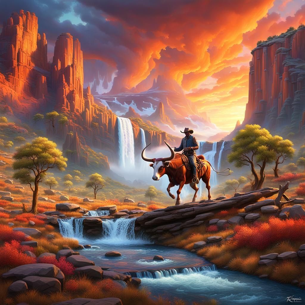 Robot Cowboy Roping a Longhorn at Sunrise