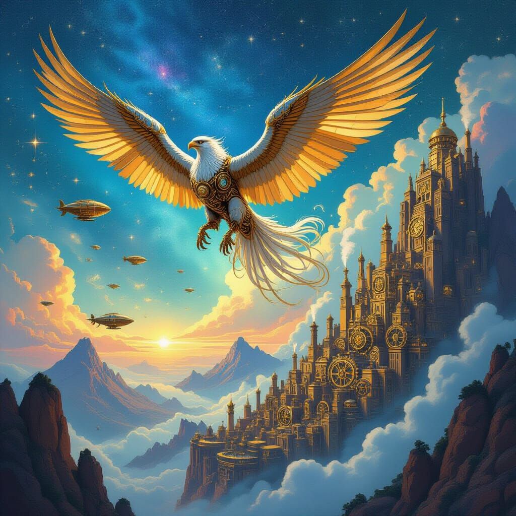 Clockwork Griffin Over Steampunk City in Nebula