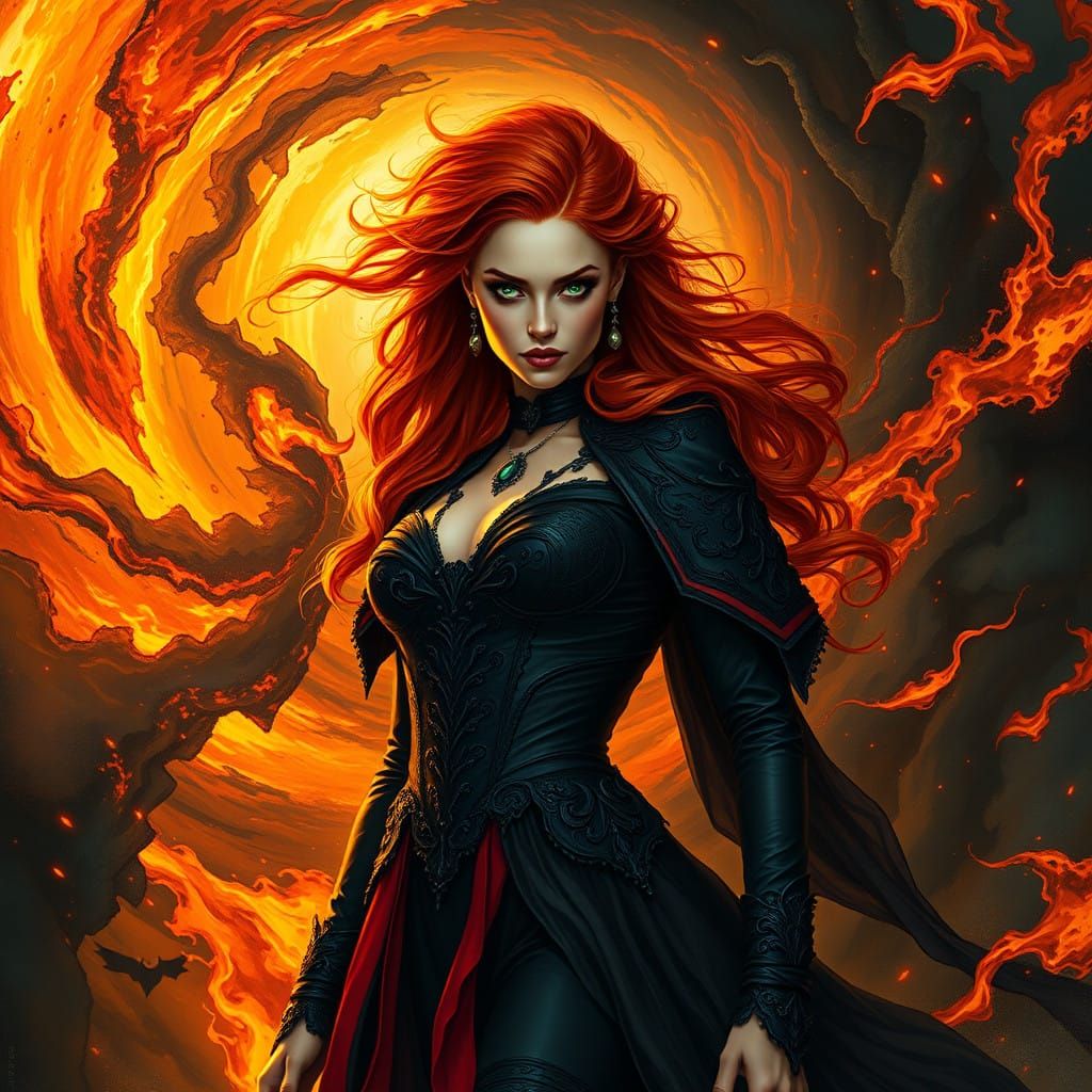 Surreal Goddess of Fiery Passion in Dark, Futuristic Style