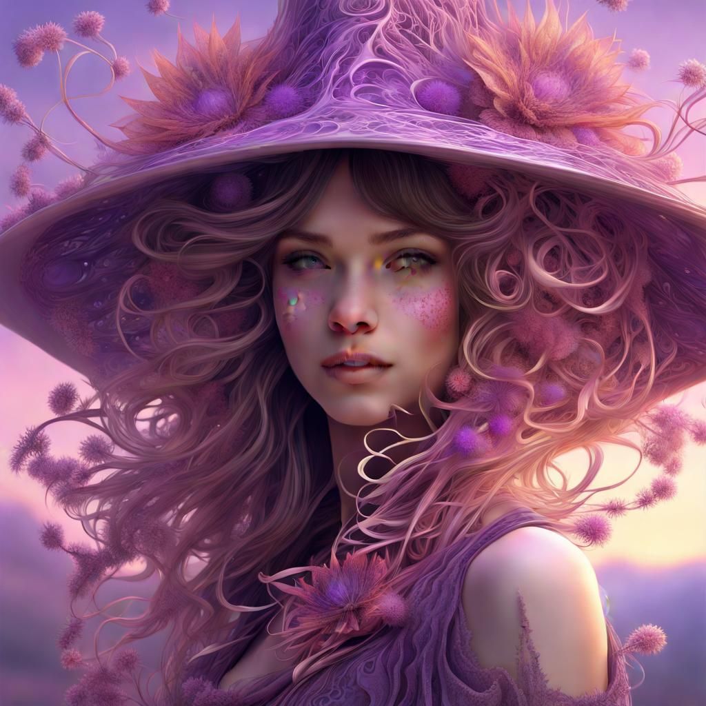 Whimsical Flower Nymph with Dragon-Owl in Fractal Landscape