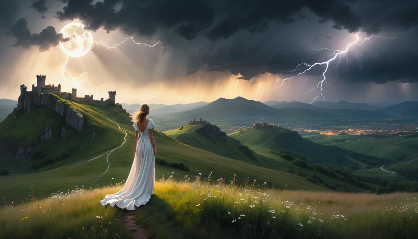 Surreal Landscape: Woman Overlooking Stone Fortress