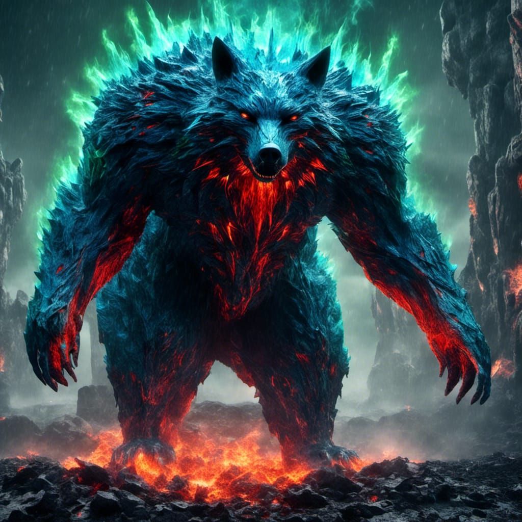 Demonic Diamond Lava Bear-Fox Hybrid in Hyperrealism