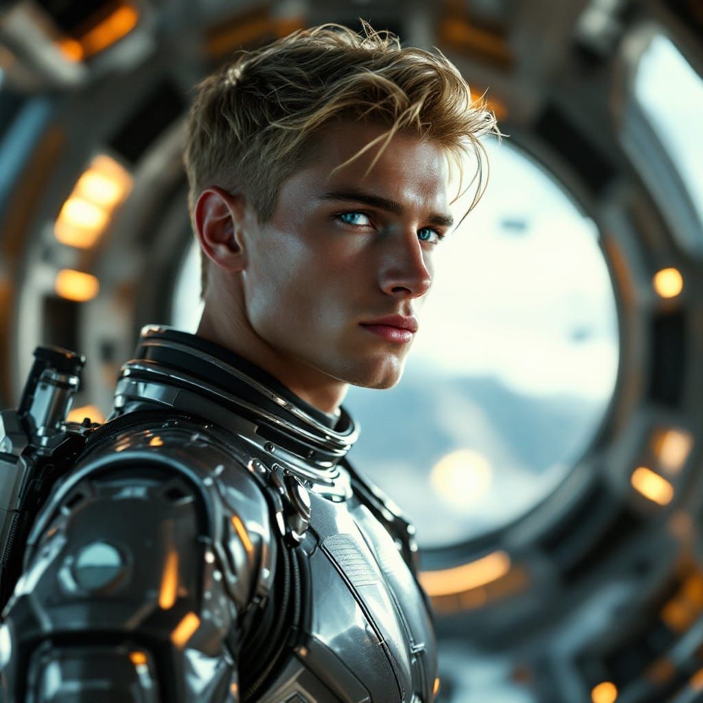 Ethereal Young Man in Futuristic Space Station
