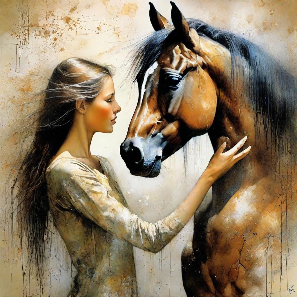 Girl and Horse in Ink Splatter Art Style