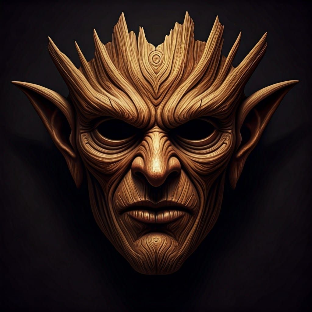 Ancient, Weathered Wooden Goblin Mask in Rich Amber Brown