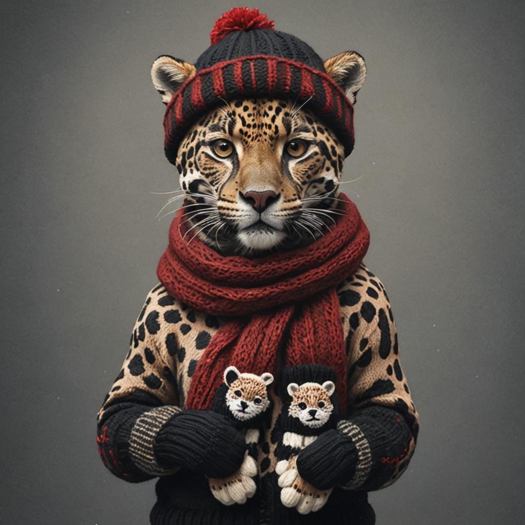 Jaguar in Cozy Knitwear: A Semi-Realistic Image