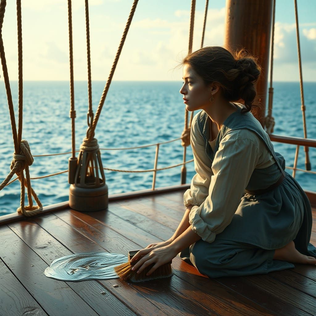 Cinderella Type Woman Scrubbing the Deck Floor in a Dramatic...