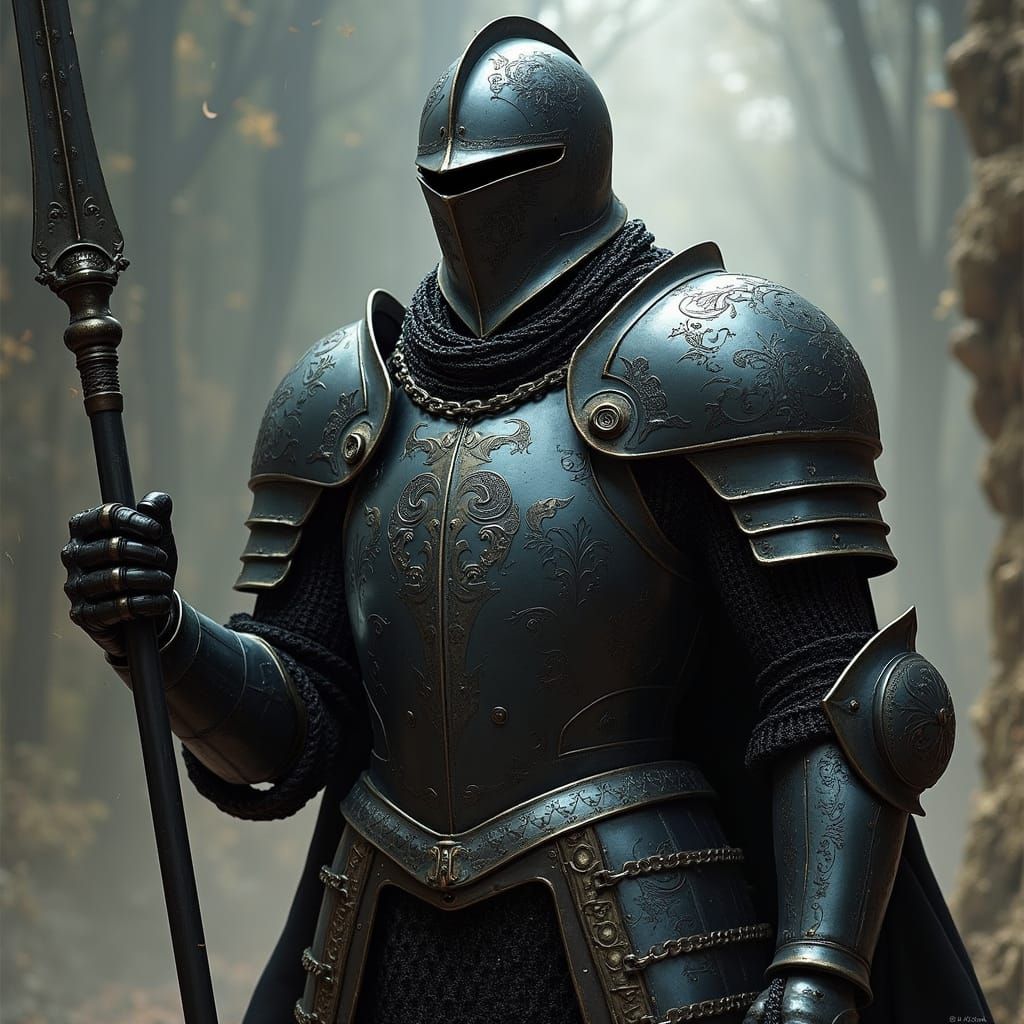 Knight in Black Gothic Plate Armor with Spear