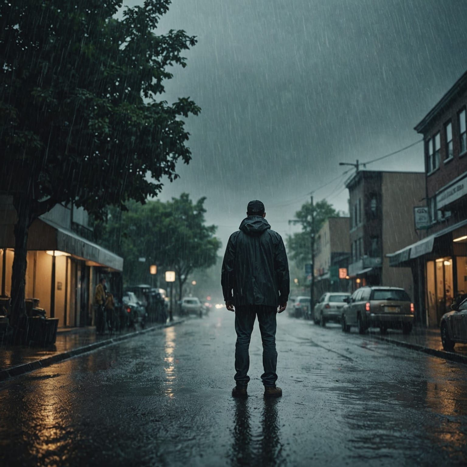 Dramatic Figure Stands in Heavy Rainstorm