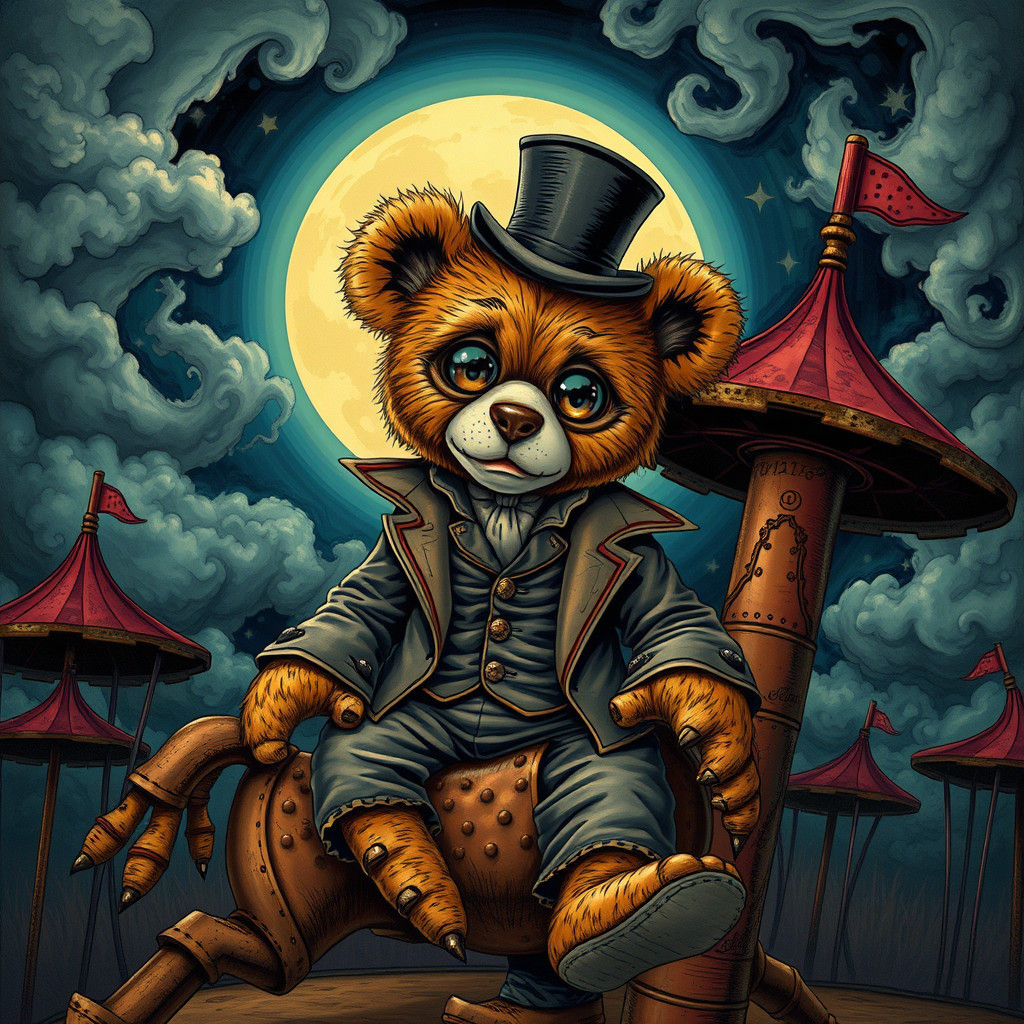 Surreal Teddy Bear on Merry-Go-Round in Lowbrow Style