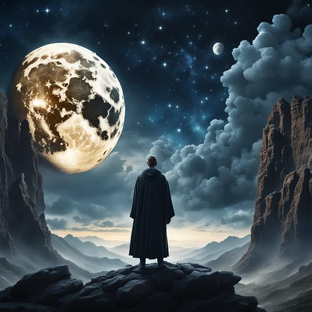 Man Gazing at Moon and Stars in Digital Painting
