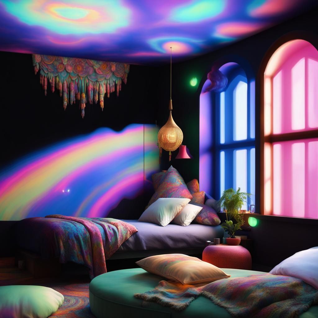 Bohemian colorful hippie bedroom with colorful psychedelic w...