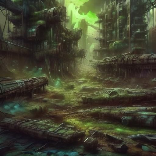 Overgrown Ruined Cityscape in Hyperrealistic Style