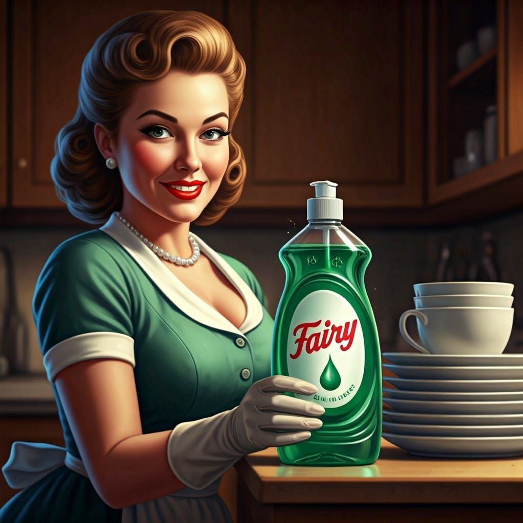 Alluring 1950s Housewife in Close-Up Color Pencil Drawing