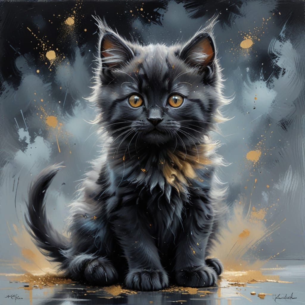 Misty Kitten in Dusty Black Oil Painting