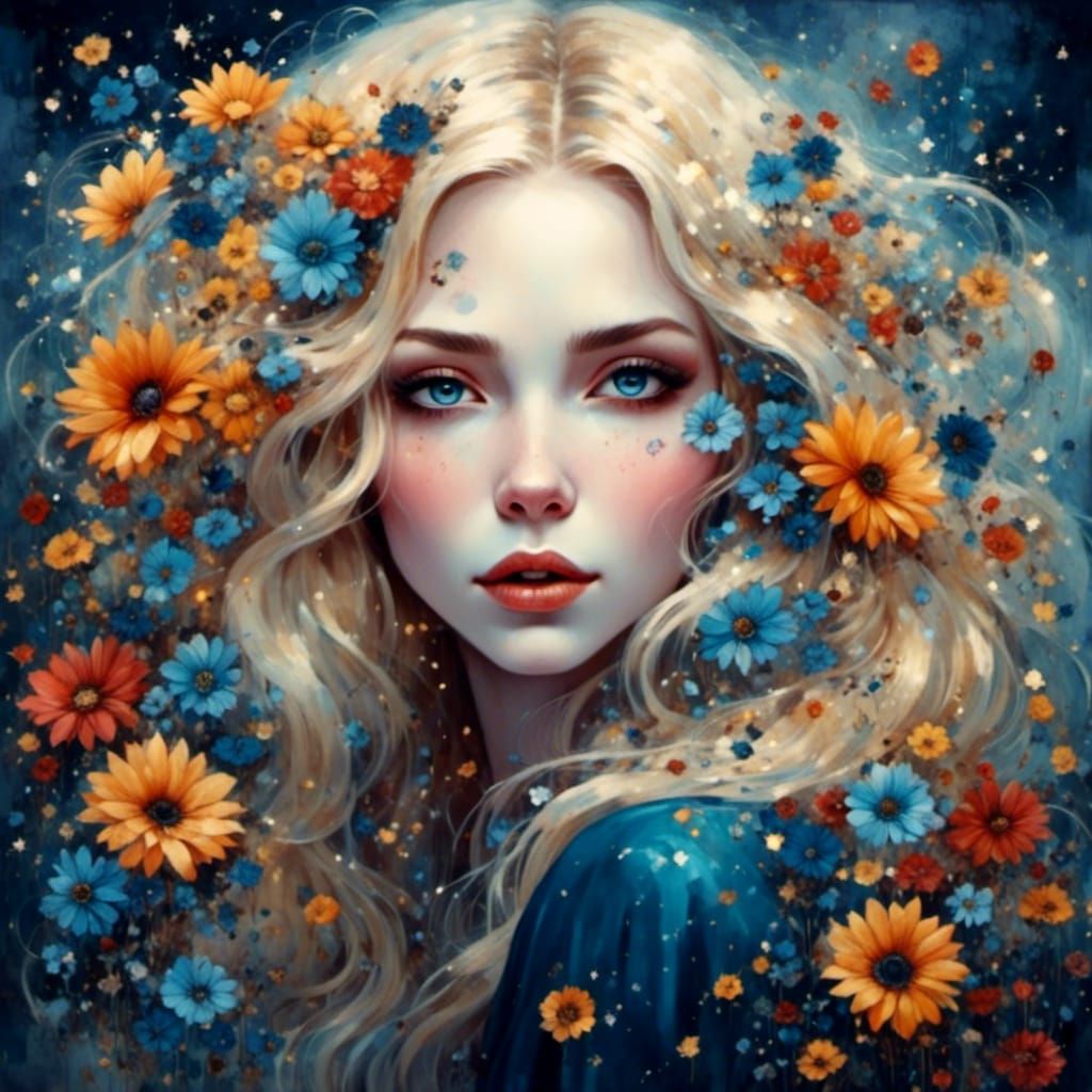 Blonde Goth Woman with Flowers and Stars in Digital Art