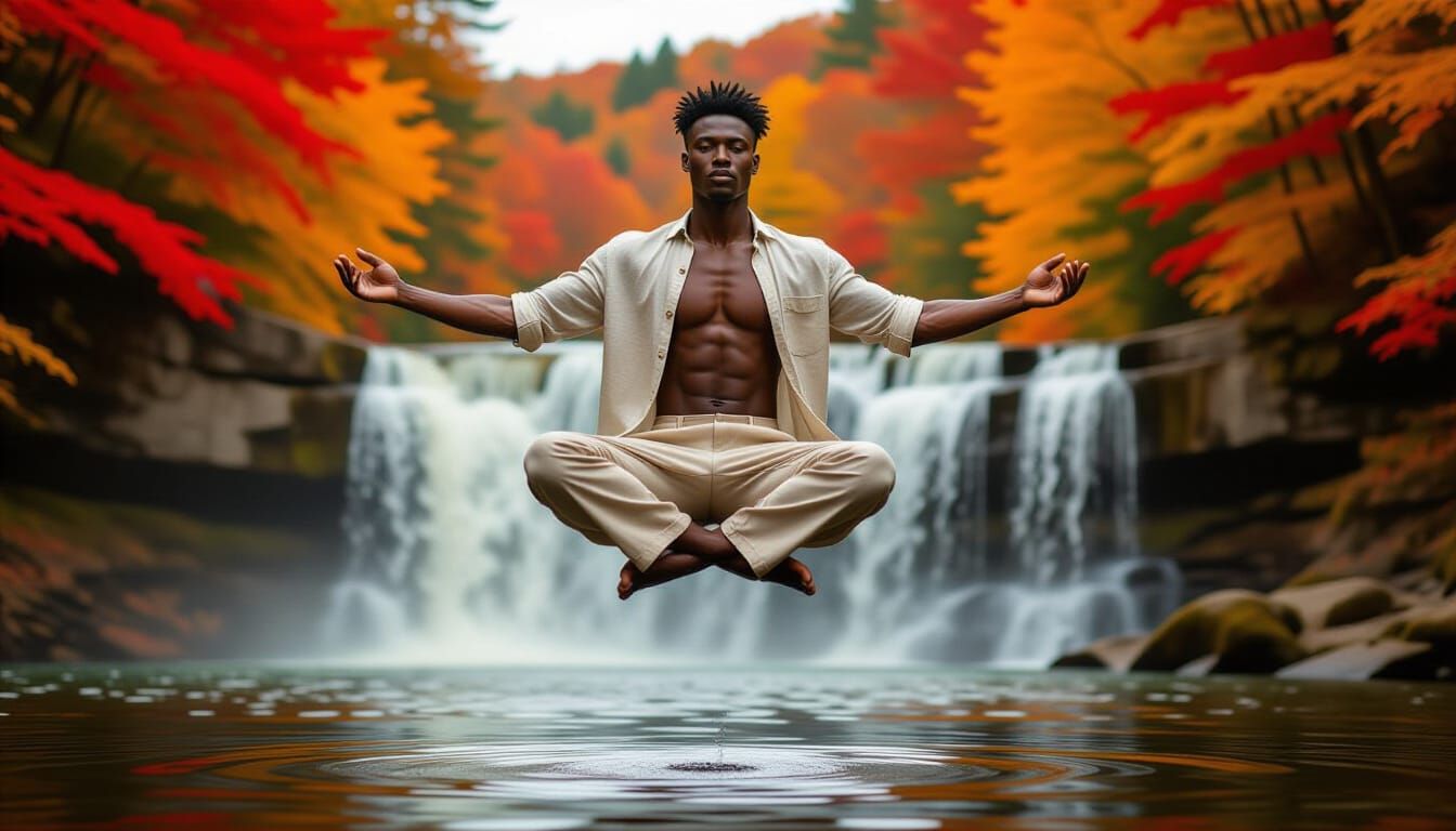 African-American Man Meditates Over River in Autumn