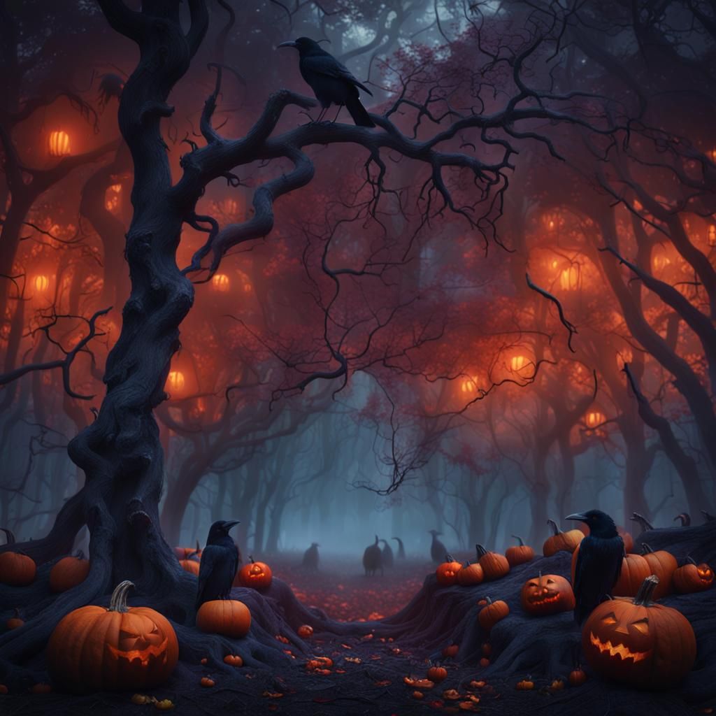Eerie Dark Fantasy Forest with Crows and Pumpkins