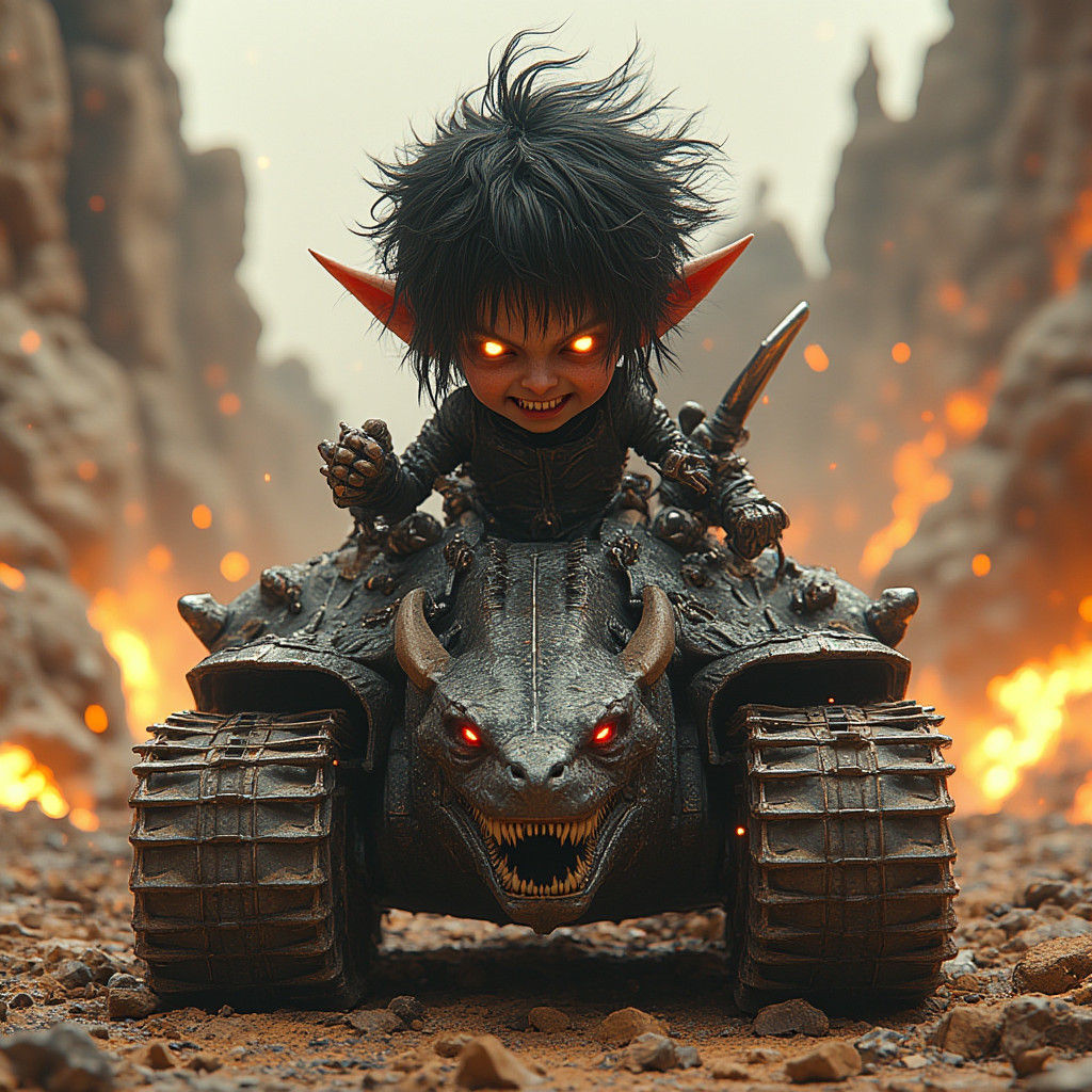 Chibi Goblin Girl Races Dragon Tank in Wasteland