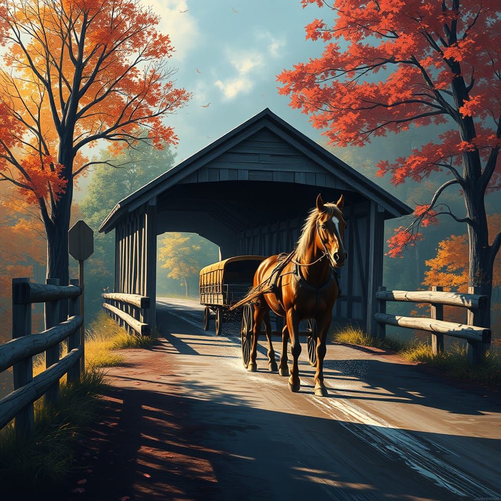 Hyperrealistic Covered Bridge Scene in Vibrant Colors