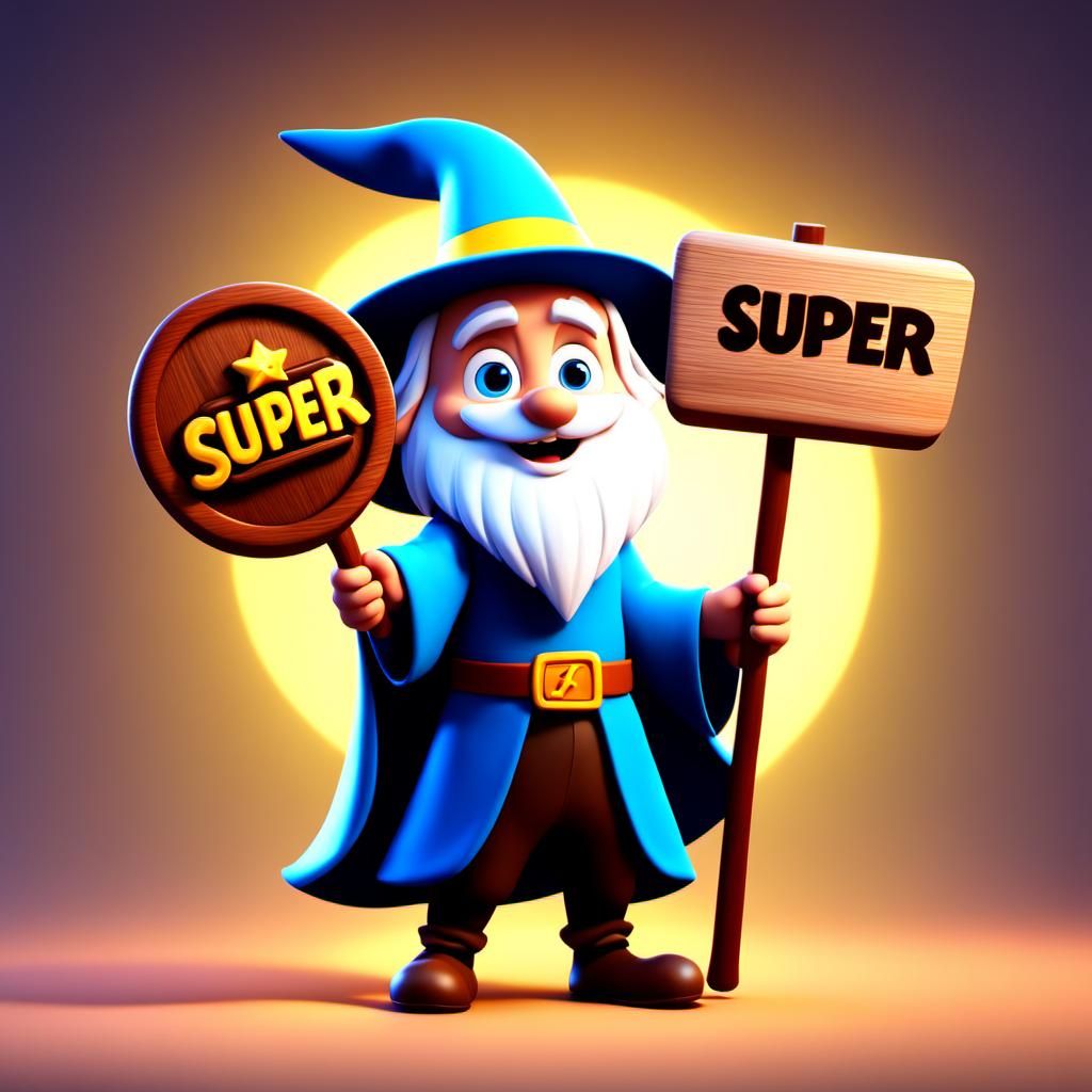 Cute Wizard Holding Sign in 3D Digital Art