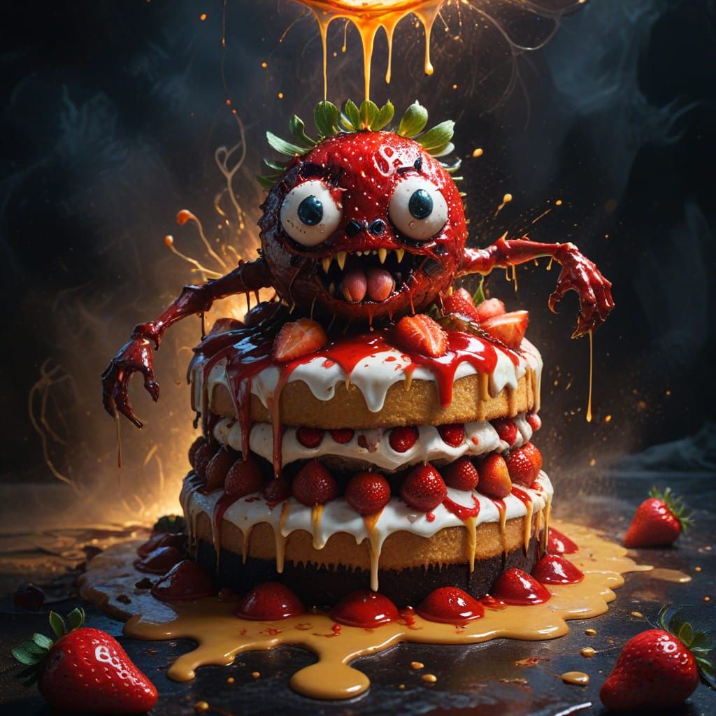 Strawberry Shortcake Monster Fight in Dark Fantasy Art
