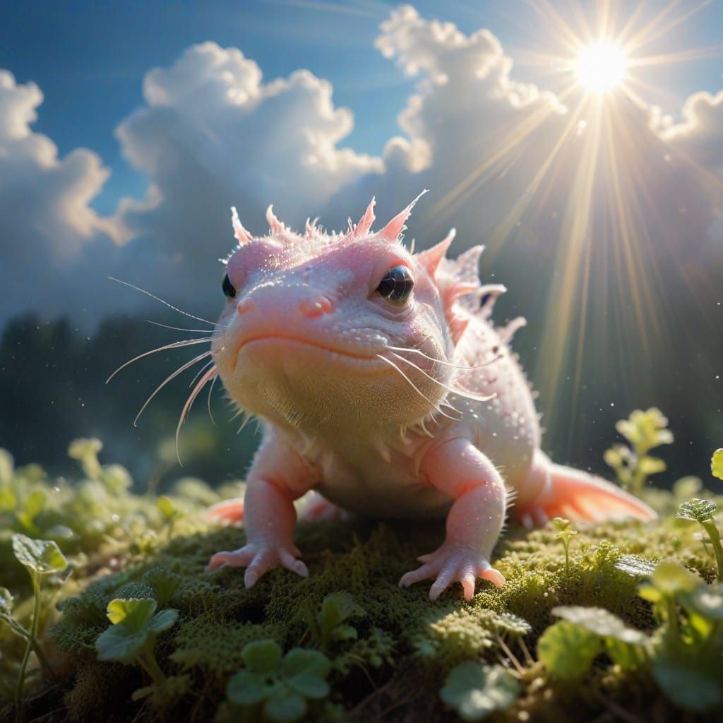 Sacred Axolotl Kiss beneath Ethereal Sunshine