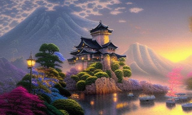 Ethereal Japanese Castle at Moonlight in Kinkade Style