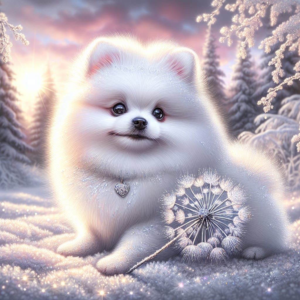 English Watercolor Masterpiece: Adorable Pomeranian in Winte...