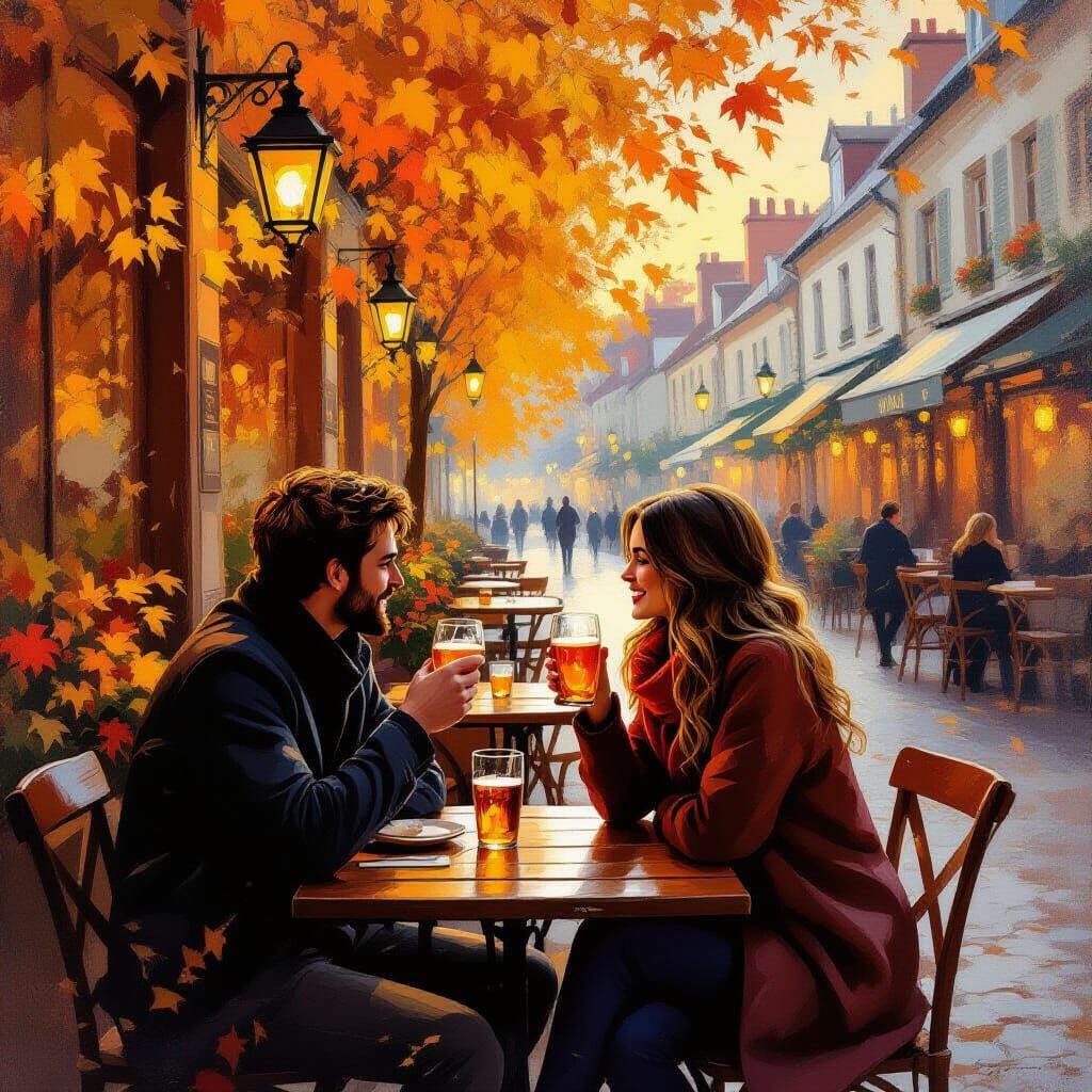 Cozy Cafe Scene with Couple in Impressionistic Style