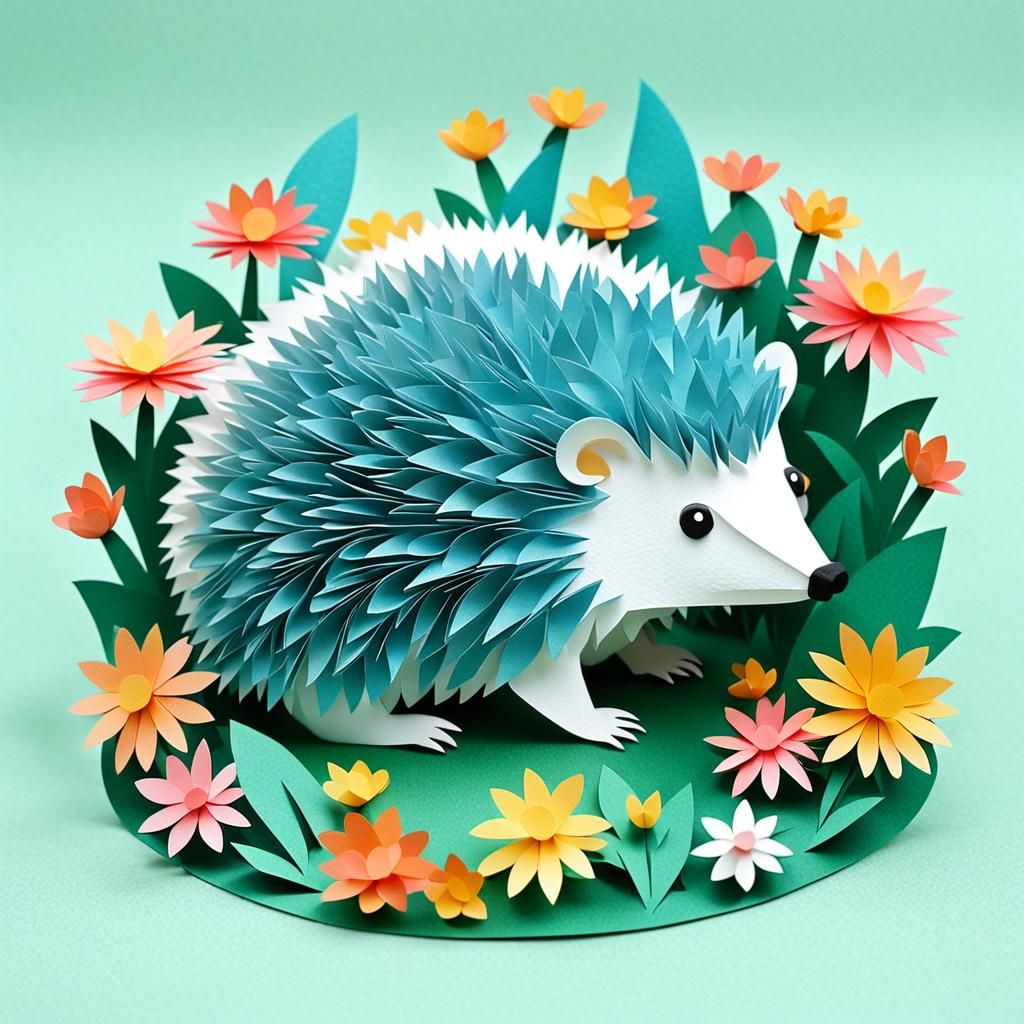 Hedgehog in Flowery Garden as Kirigami Art