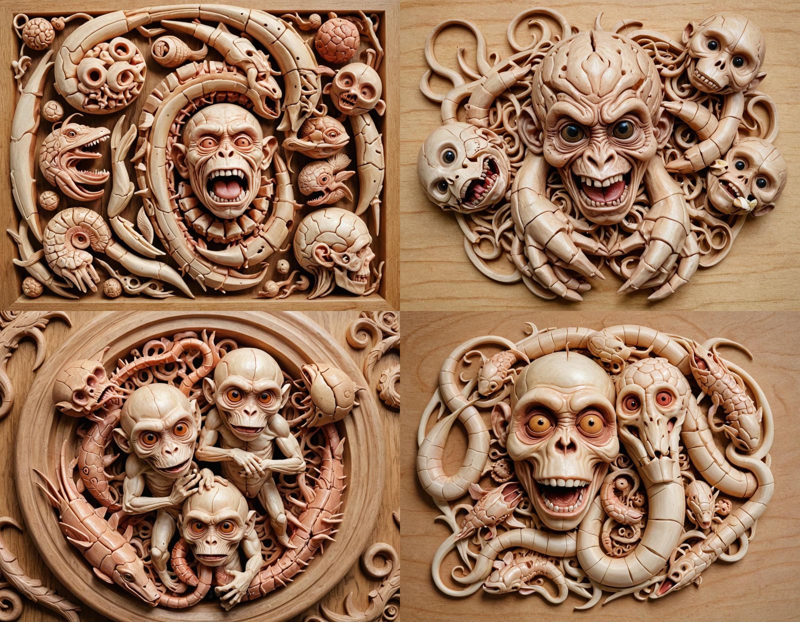 Surreal Wooden Carving of Grotesque Hybrid Creature