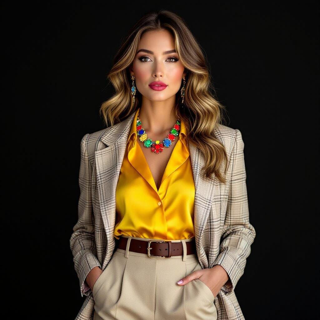 Confident Woman in Yellow Blouse & Floral Skirt Portrait