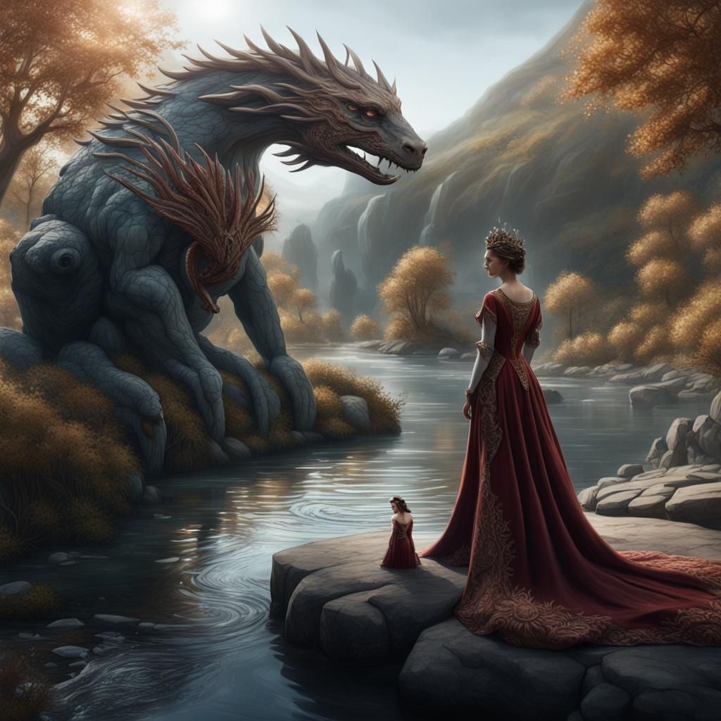 Woman Cuddling Creature in Fantasy Landscape