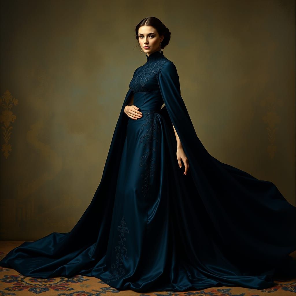 Regal Woman in Luxurious Navy Gown with Velvet Cape