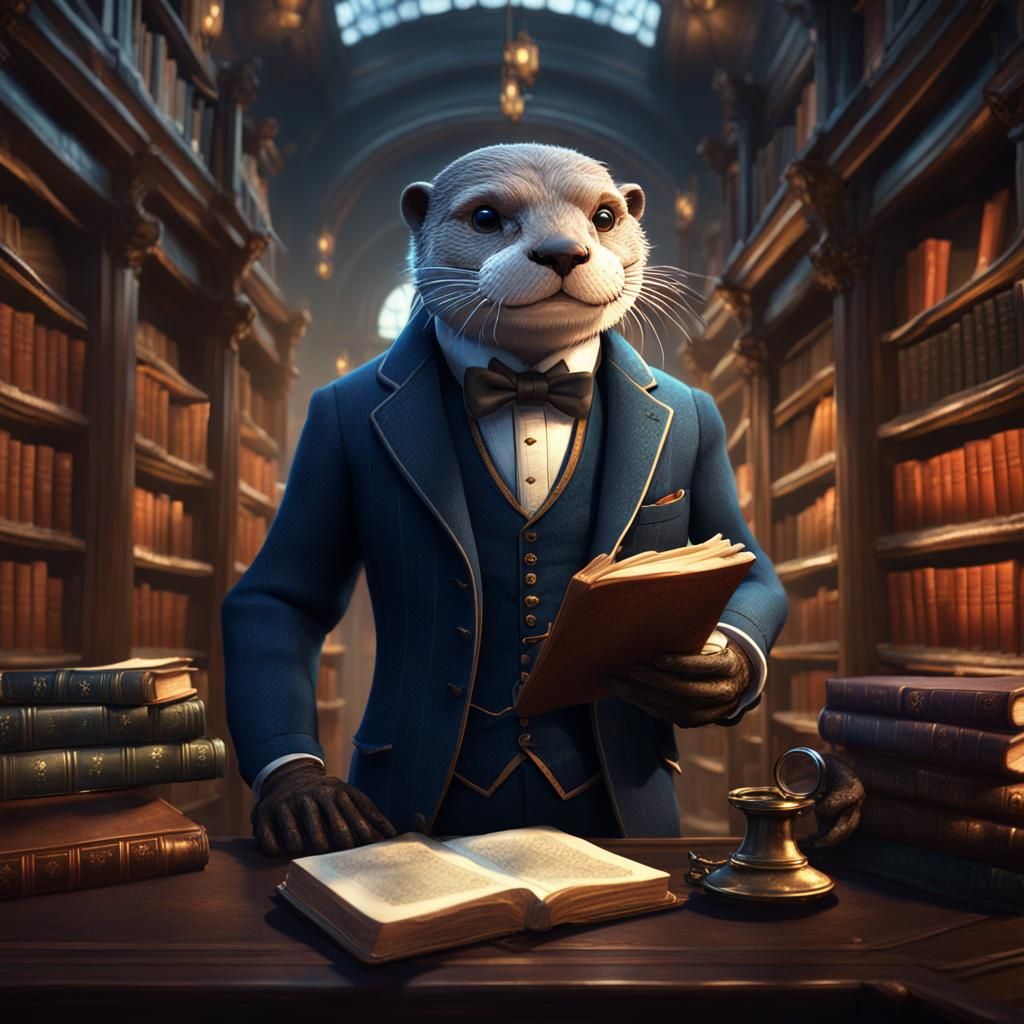 Victorian Otter Gentleman Reading in Library, Detailed Art