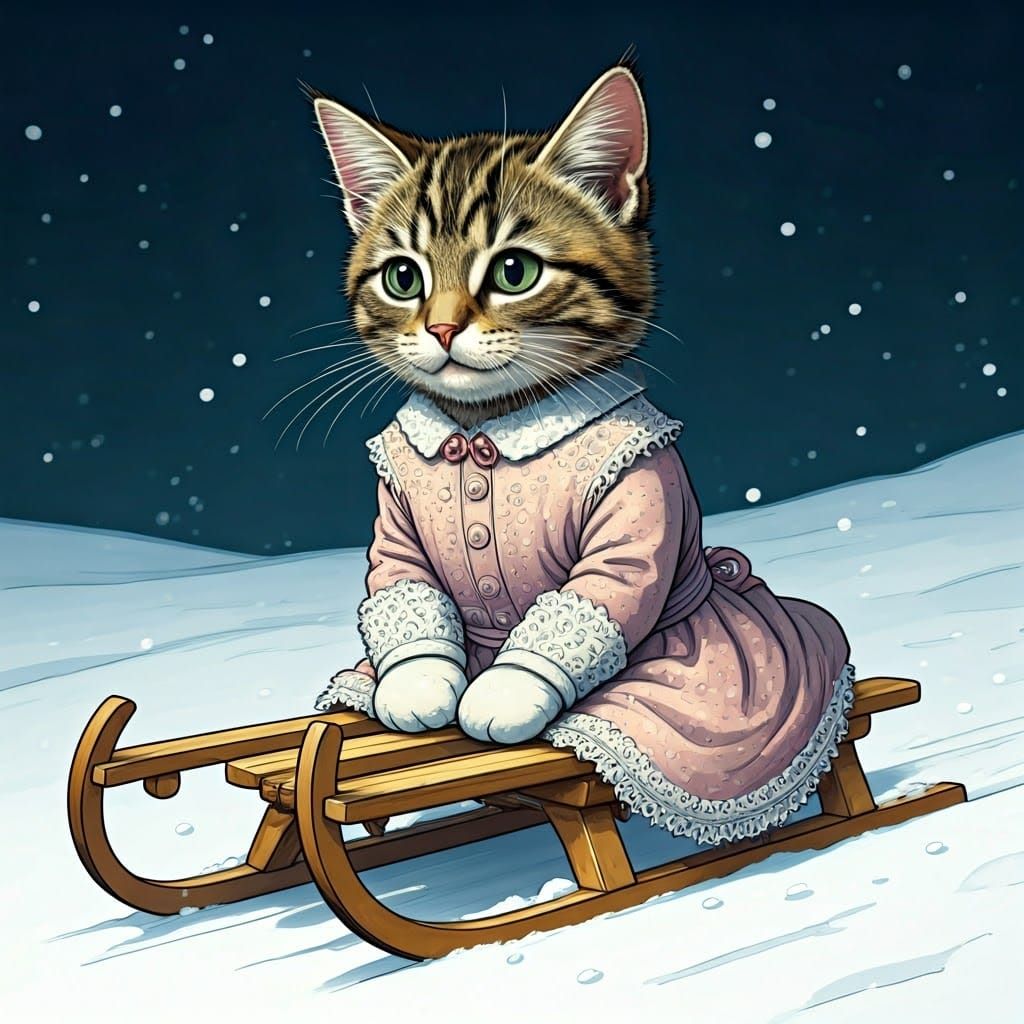 Whimsical Tabby Kitten Toboggan Ride in a Delicate Victorian...