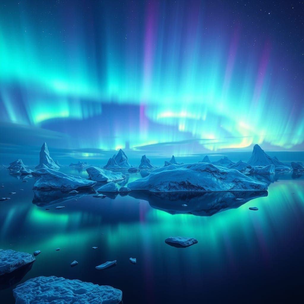Northern Lights Arctic Ocean Enchanted in Surreal, Hyper-Rea...