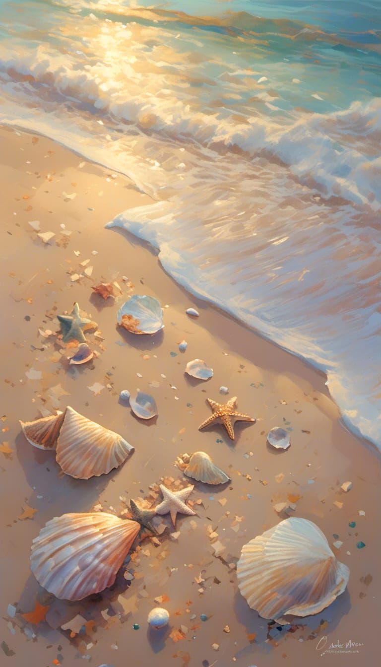 Impressionist Shells on Beach in Golden Light