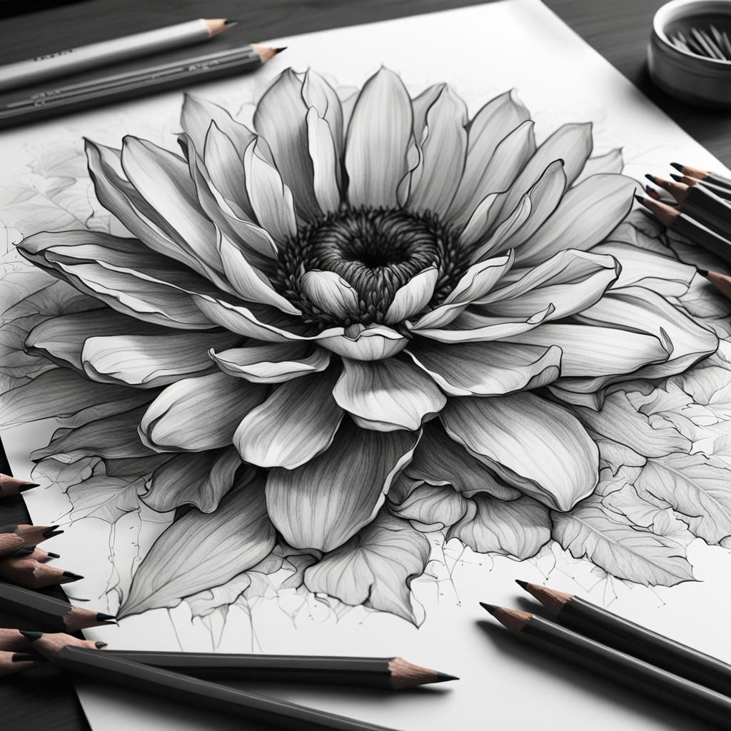 Detailed Flower Sketch in Black and White