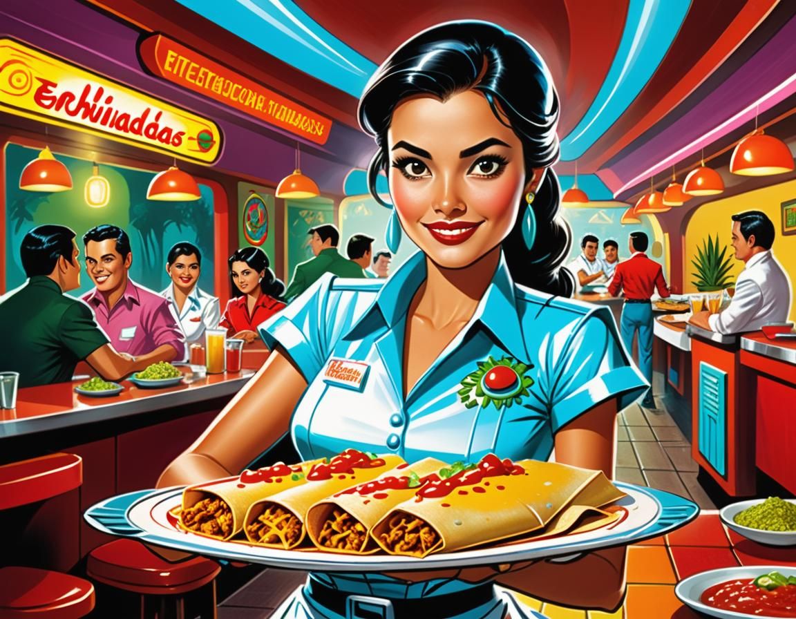 Retrofuturistic Mexican Waitress in Comic Art Style
