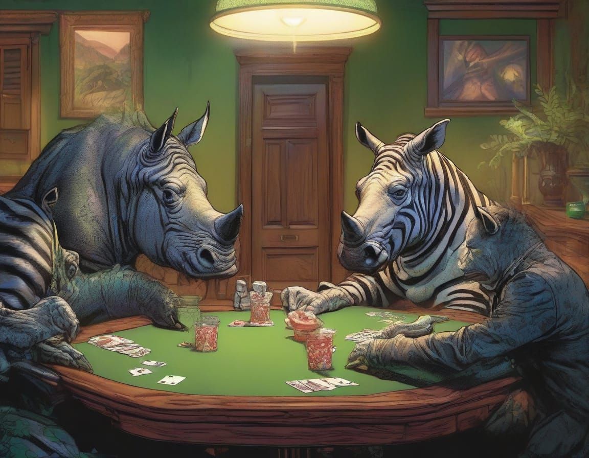 Rhinoceros and Zebras Play Cards, Comic Book Style