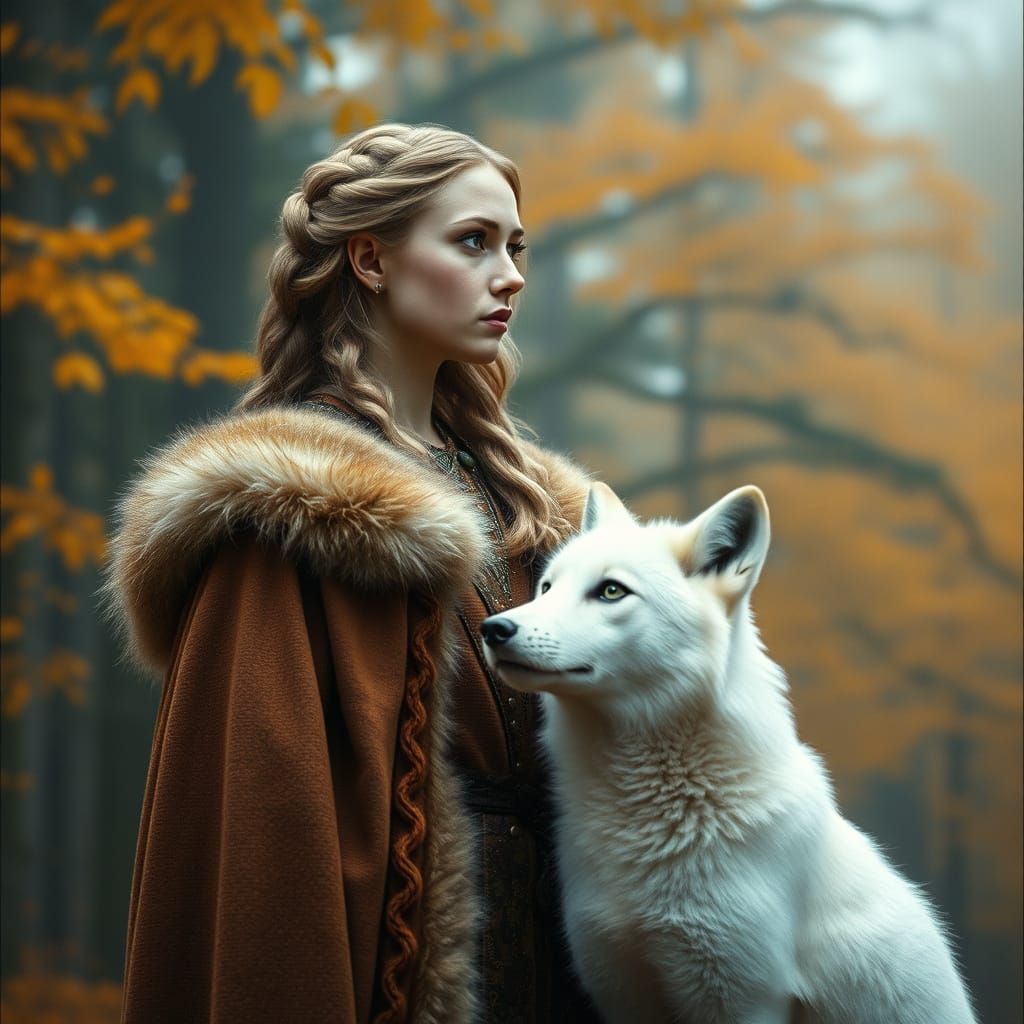 Regal Nordic Princess in Autumnal Forest with Majestic Snow-...